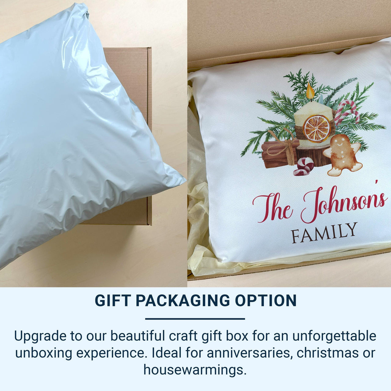 Personalised Family Christmas Cushion - Festive Icons Design with Family Name
