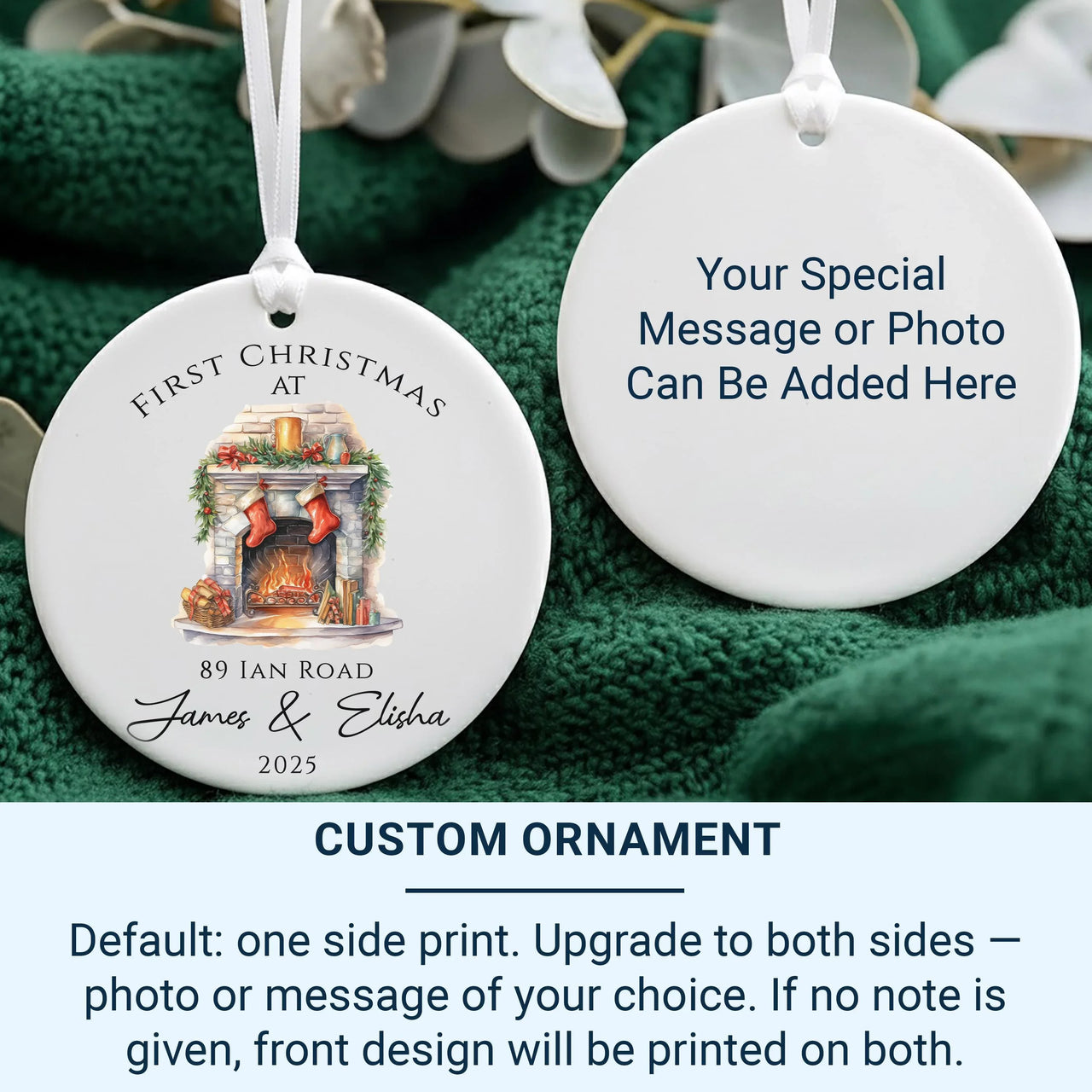 Personalised 2025 New Home Ceramic Ornament with Road Name - First Christmas Decoration, Home Owner Gift, Festive Fireplace Stocking Design