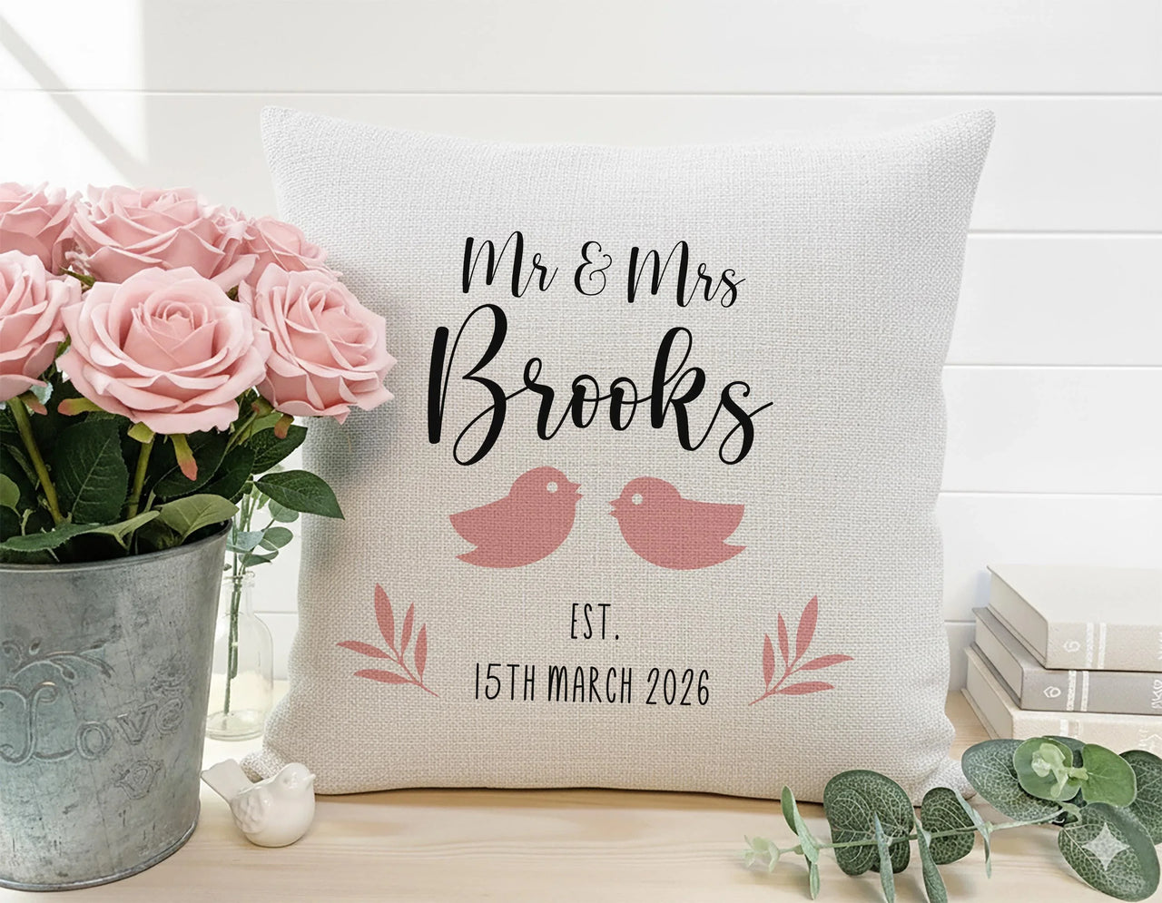 Personalised Mr Mrs Cushion – Romantic Wedding Cushion With Love Birds Pillow DENMARY