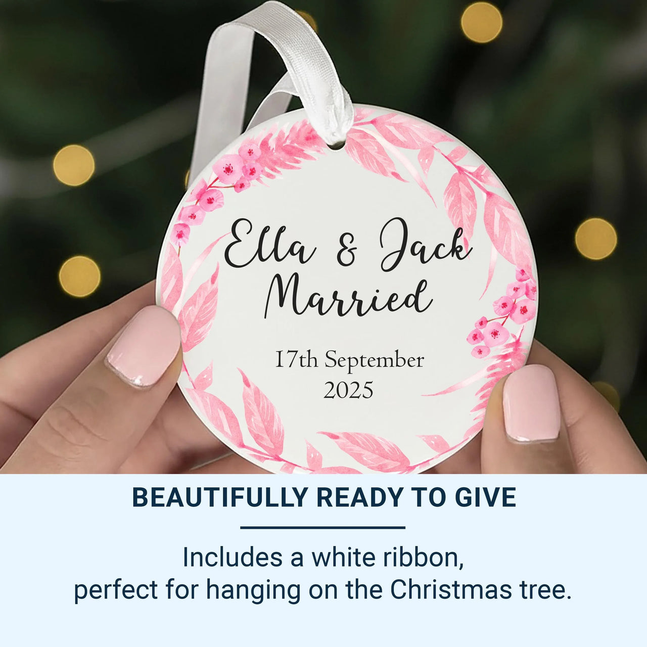 Wedding Day Ornament - Floral Keepsake with Names & Date for Newlywed Couples