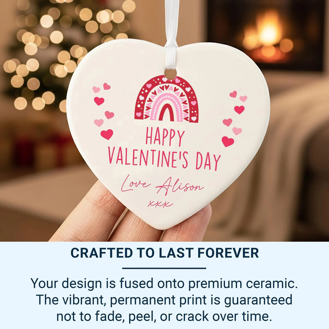 Valentine Rainbow Ornament - Personalised Ceramic Heart Keepsake with Custom Name & Message DENMARY