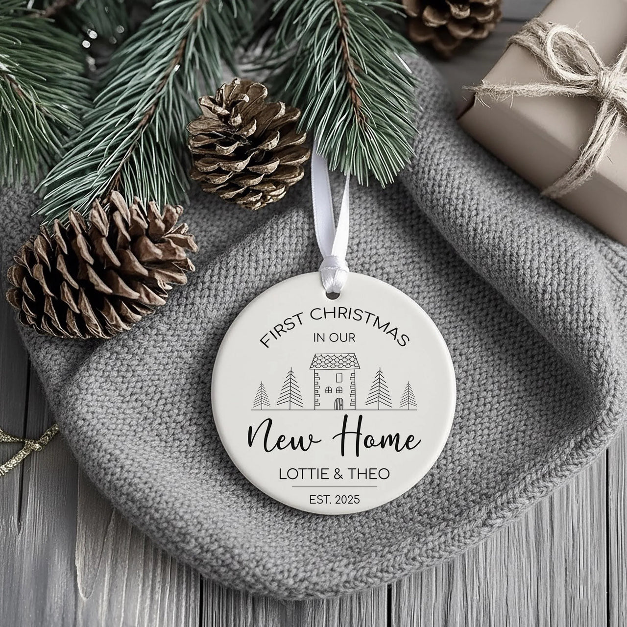 New Home Ornament - Minimalist House Keepsake with Names & Date for First Christmas