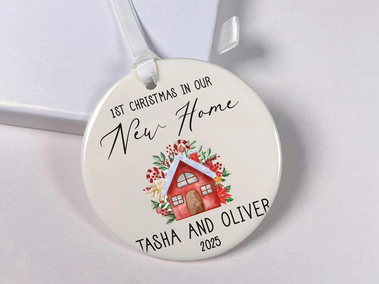 New Home Christmas Ornament 2025 - Red House with Elegant Script & Names