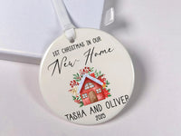 New Home Christmas Ornament 2025 - Red House with Elegant Script & Names