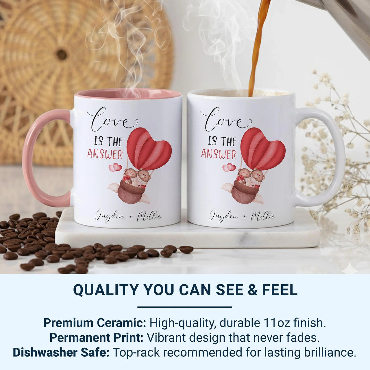 Personalised Couple Mug – Romantic Anniversary Gift with Teddy Bears Heart Balloon Design