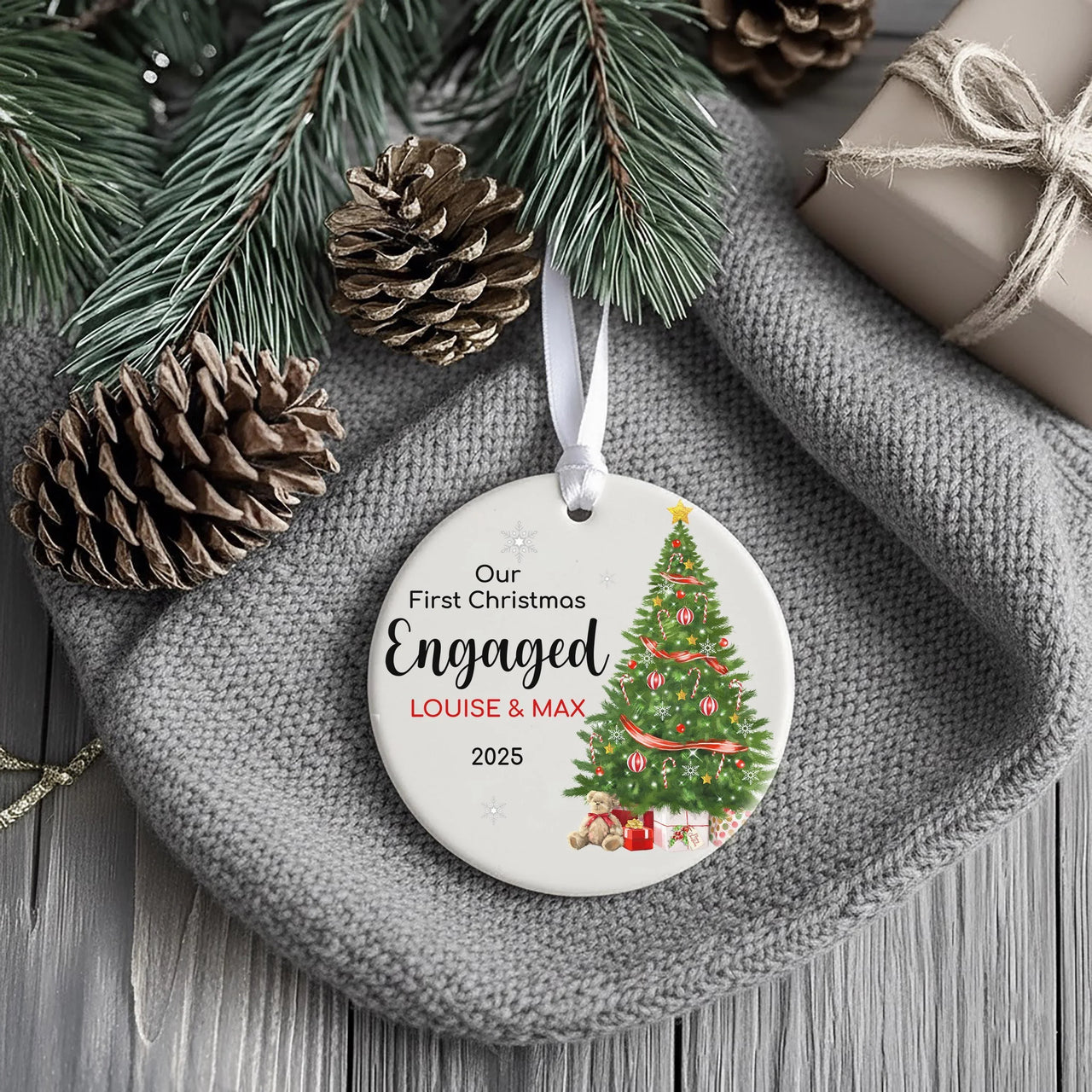 First Christmas Engaged Ornament - Tree & Gifts Keepsake with Names for 2025