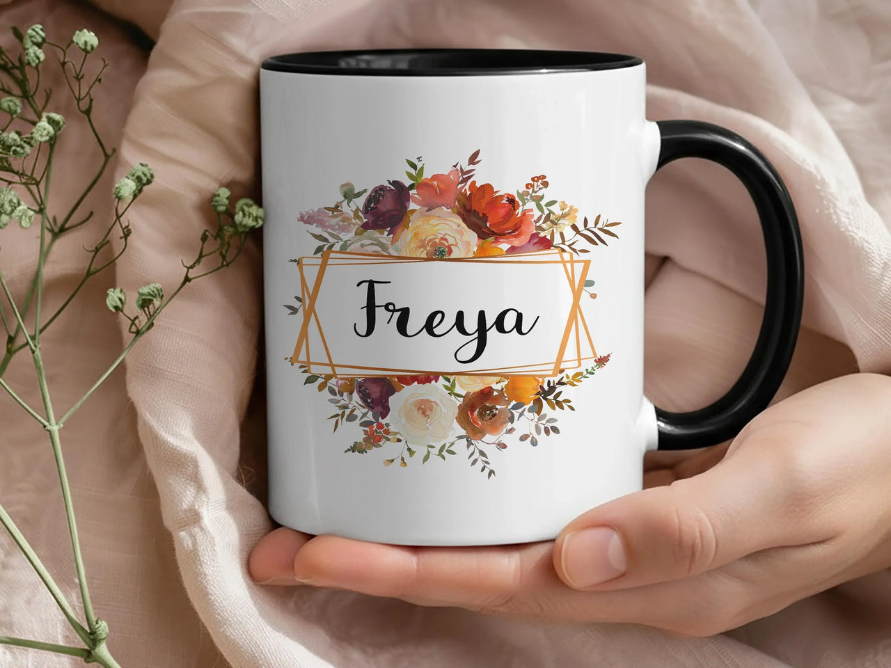 Personalised Floral Mug – Custom Name Keepsake Coffee Cup with Red Orange Flowers