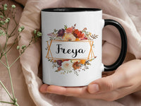 Personalised Floral Mug – Custom Name Keepsake Coffee Cup with Red Orange Flowers