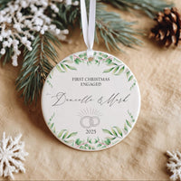 First Christmas Engaged Ornament - Ring Motif Keepsake with Leafy Design & Names