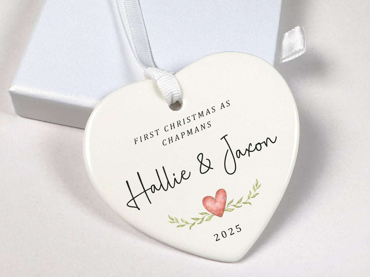 First Christmas Family Heart Ornament - Leafy Keepsake with Names & Year for Newlyweds