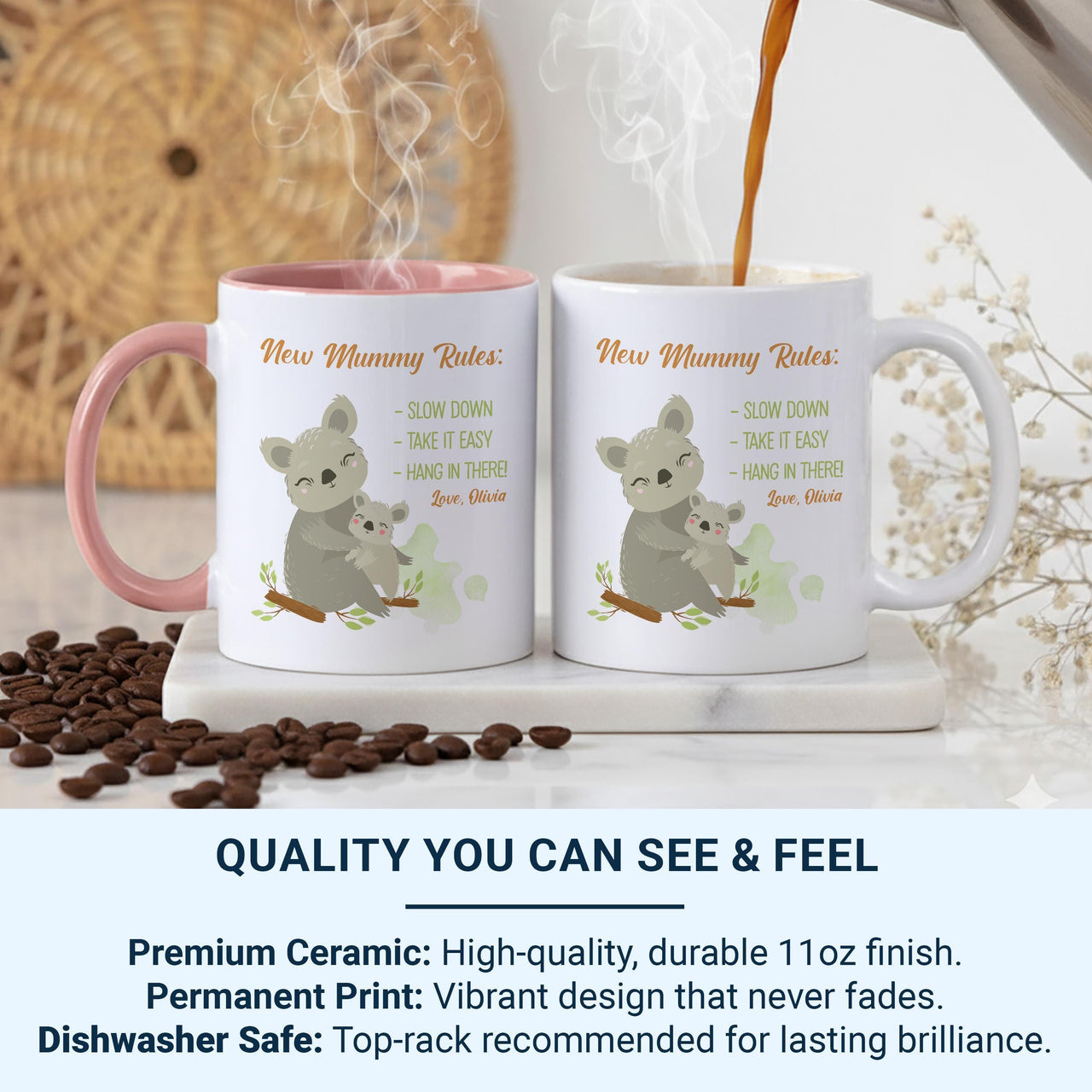 New Mummy Rules Personalised Mug – Koala Mum and Baby with Gentle Reminders – First Mother’s Day and Baby Shower Gift