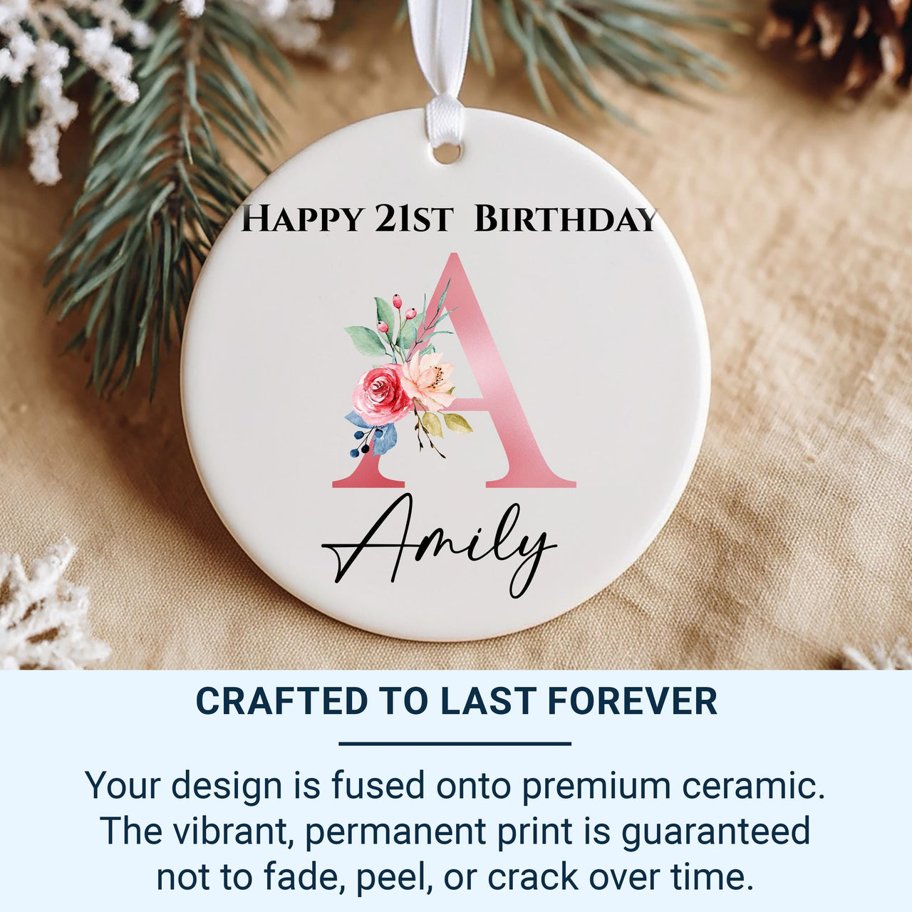 21st Birthday Ornament - Floral Letter Keepsake with Name & Year for Milestone
