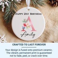 21st Birthday Ornament - Floral Letter Keepsake with Name & Year for Milestone