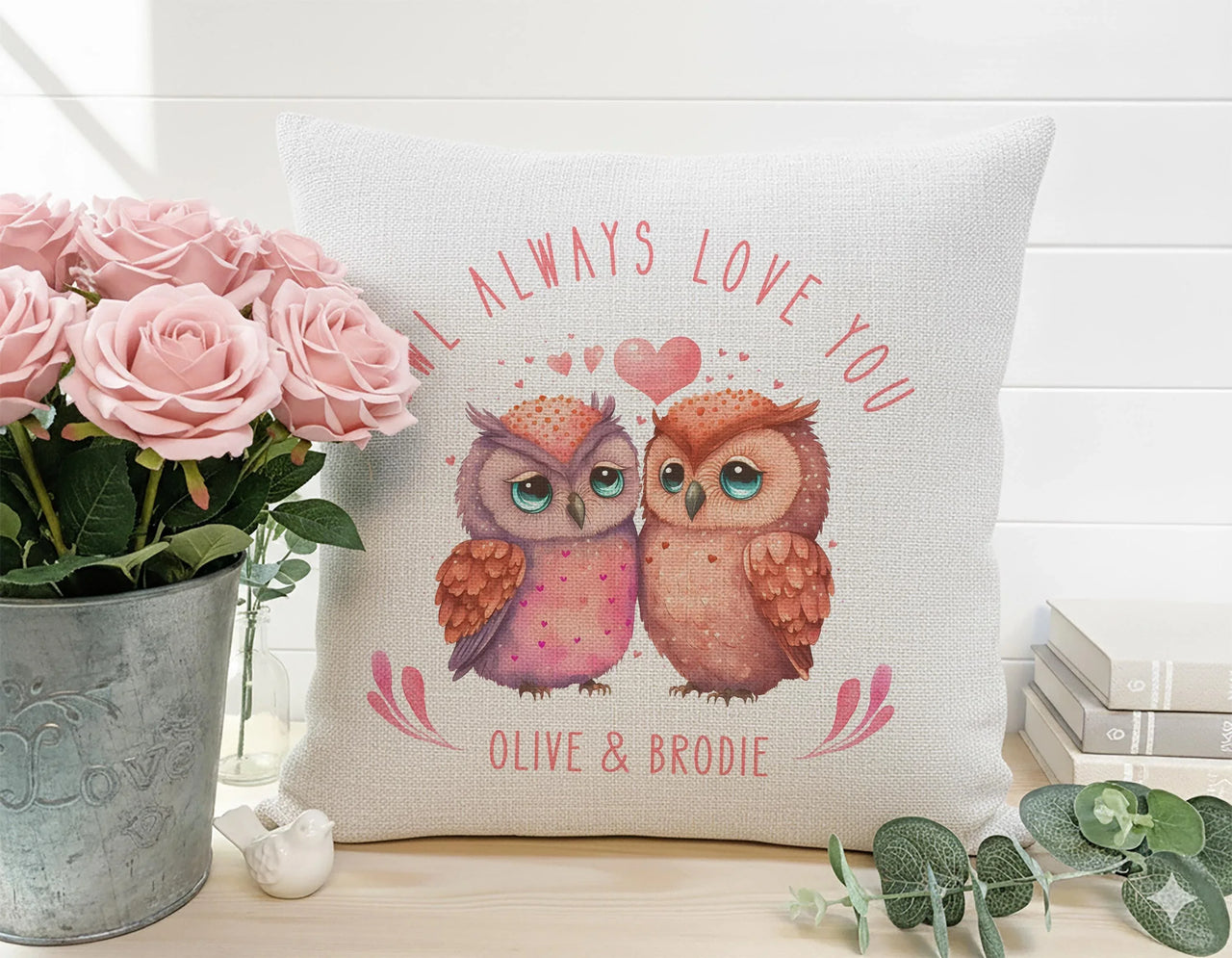 Personalised Owl Cushion – Romantic Cushion Gift With Heart Design & Custom Names