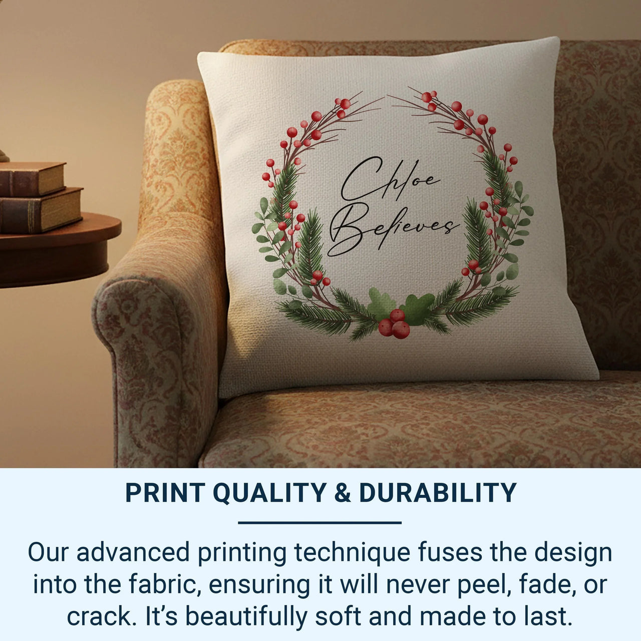 Personalised Christmas Cushion – Festive Seasonal Pillow with Pine Berry Decoration