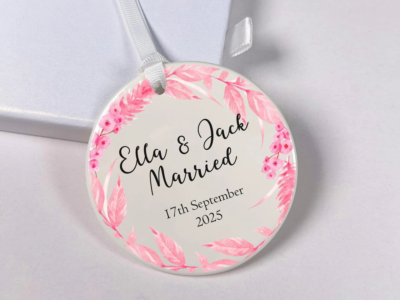 Wedding Day Ornament - Floral Keepsake with Names & Date for Newlywed Couples