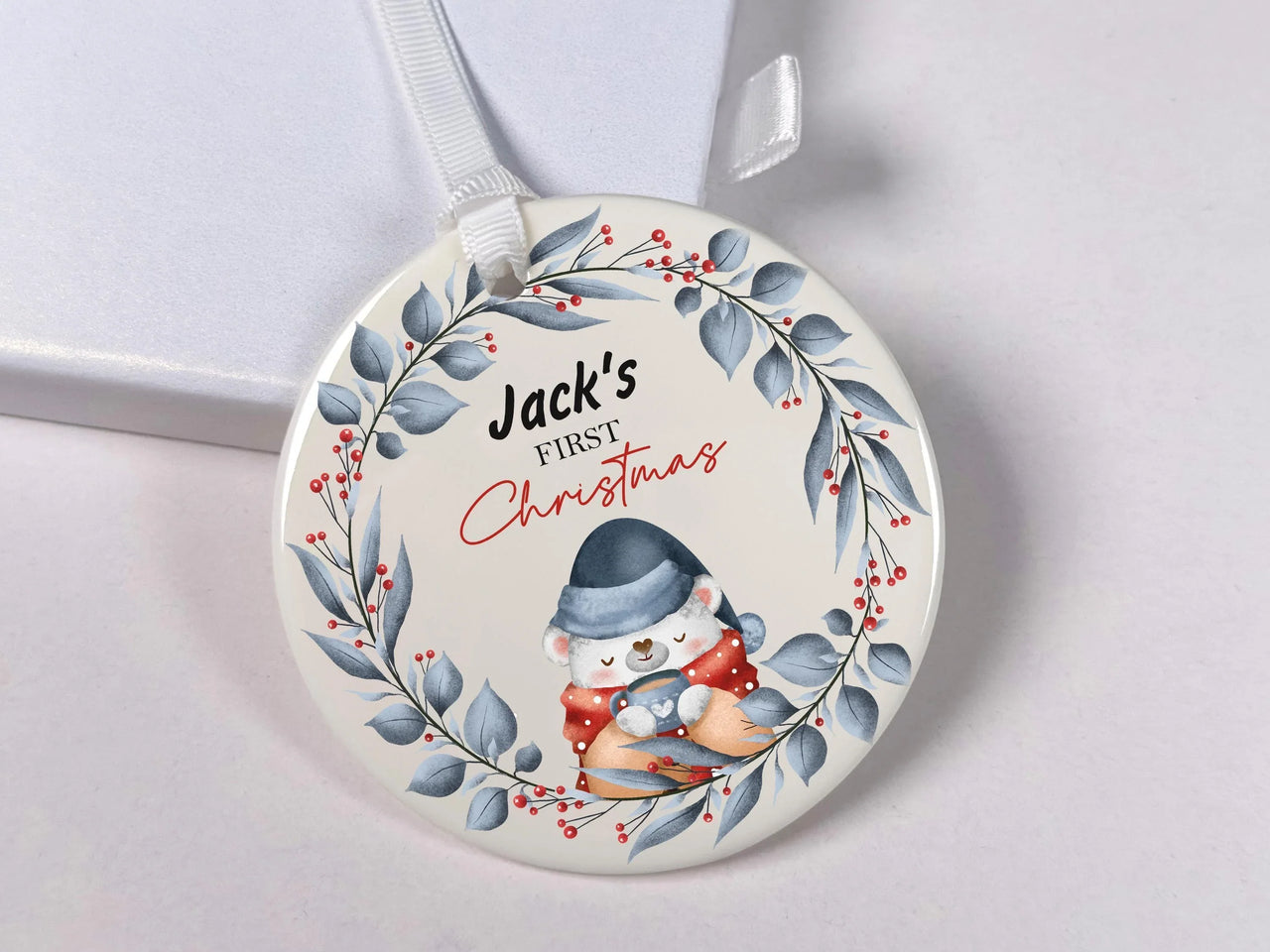 Bear Baby Ornament - First Christmas Keepsake with Winter Wreath & Name for Newborns