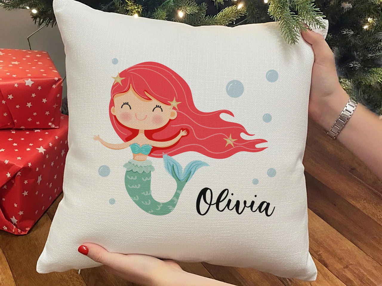 Personalised Mermaid Cushion – Soft Kids Room Pillow With Custom Name Detail