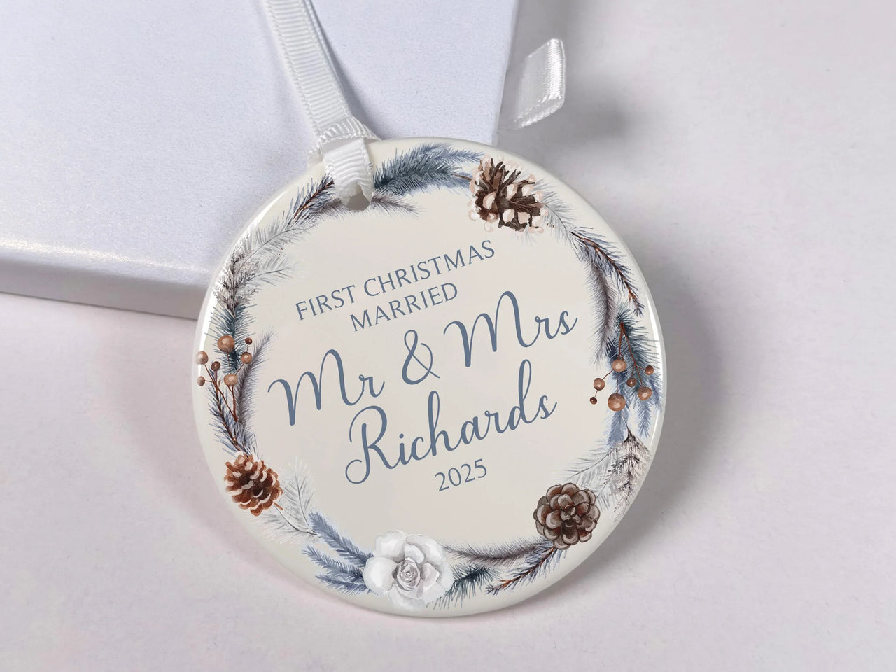 First Christmas Married Personalised Ornament | Just Married Keepsake | Custom Mr and Mrs Bauble | Round Christmas Decoration | Couple Gift