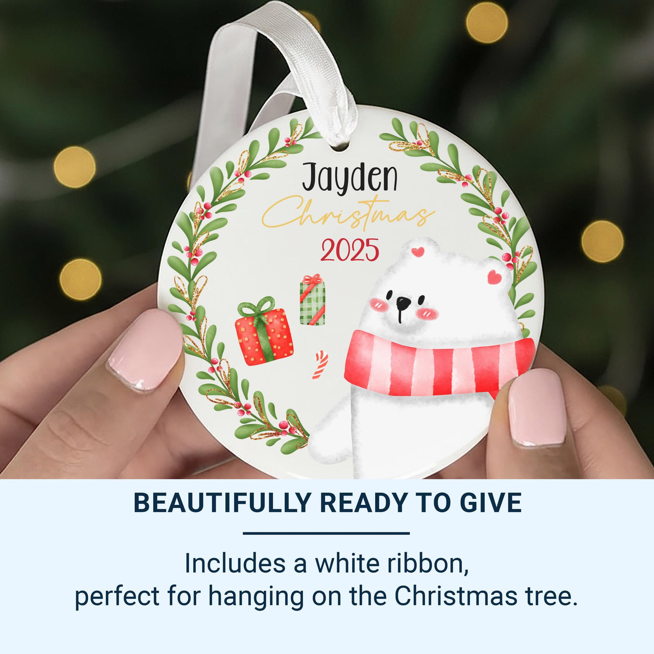 White Bear Xmas Ornament - Baby's First Christmas Keepsake with Name & Year for Family Tree