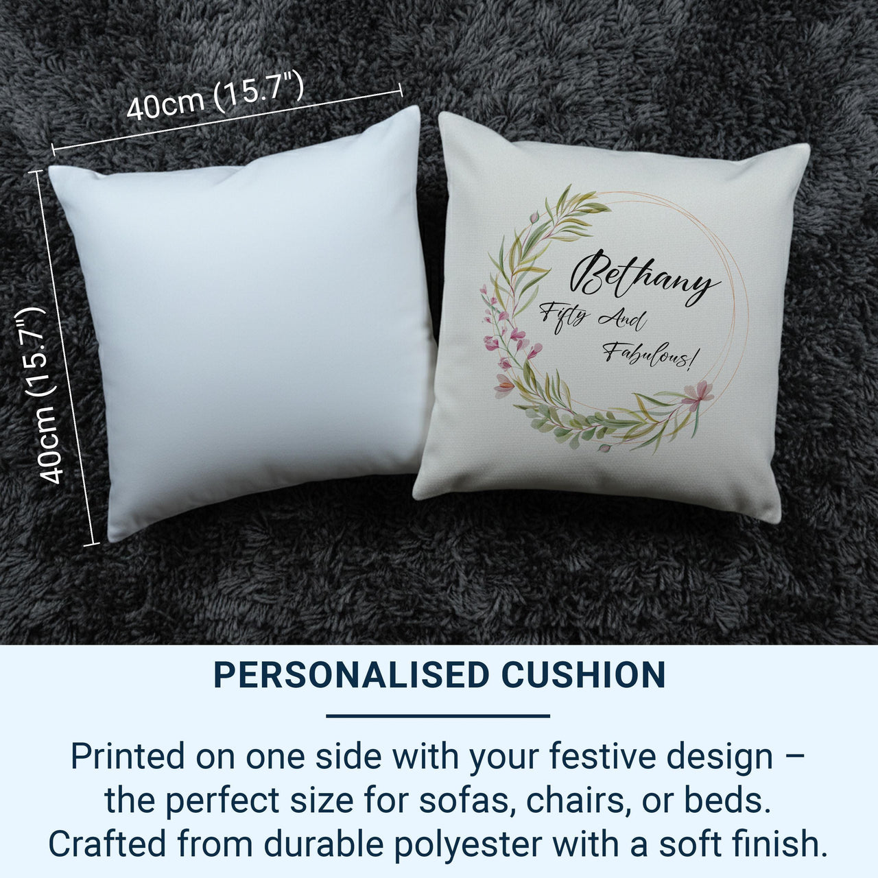Personalised 50th Birthday Cushion with Floral Wreath - “Fifty and Fabulous” Name Keepsake for Her