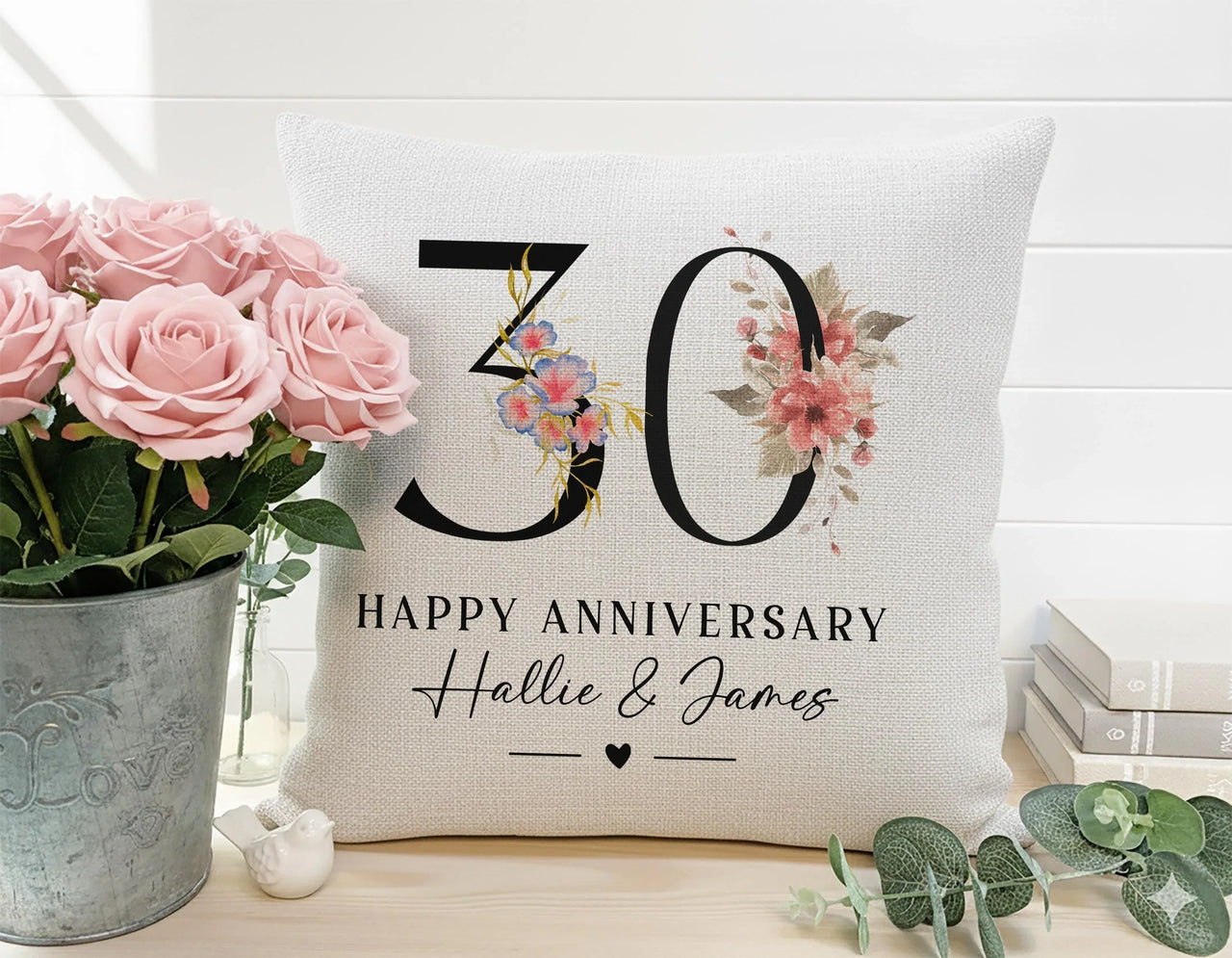 30th Anniversary Cushion – Personalised Floral Anniversary Pillow With Names