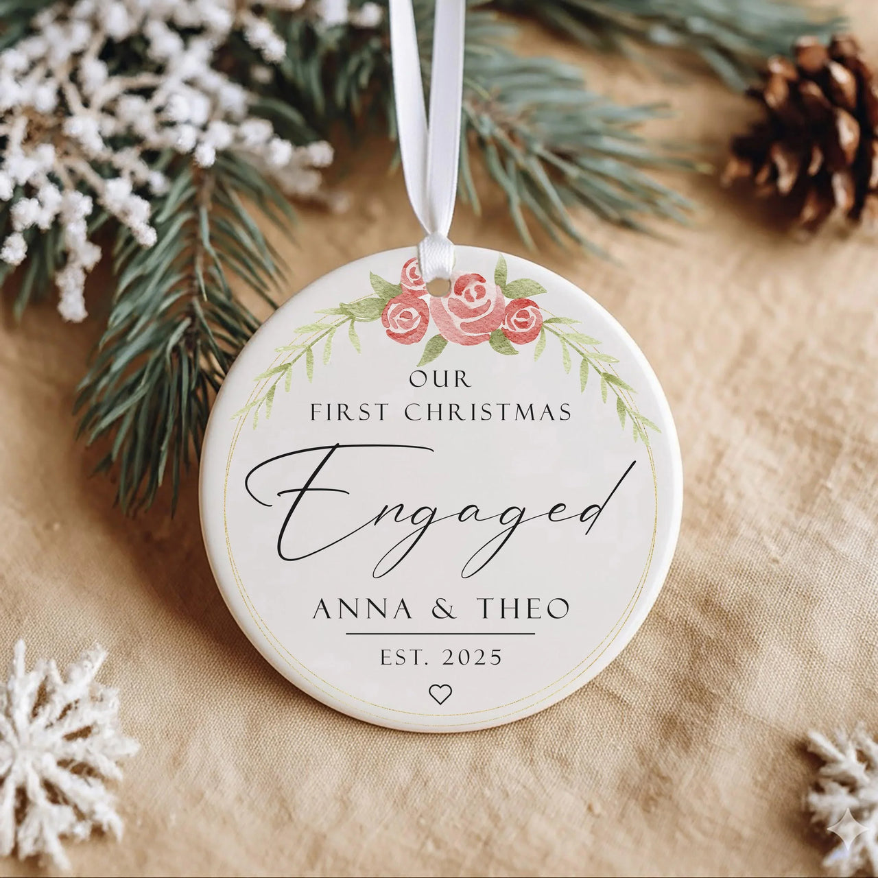 First Christmas Engaged Ornament - Floral Keepsake with Names & Date for Couples