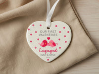 First Valentine Engaged Ornament - Pink Lovebirds Heart with Names 2026