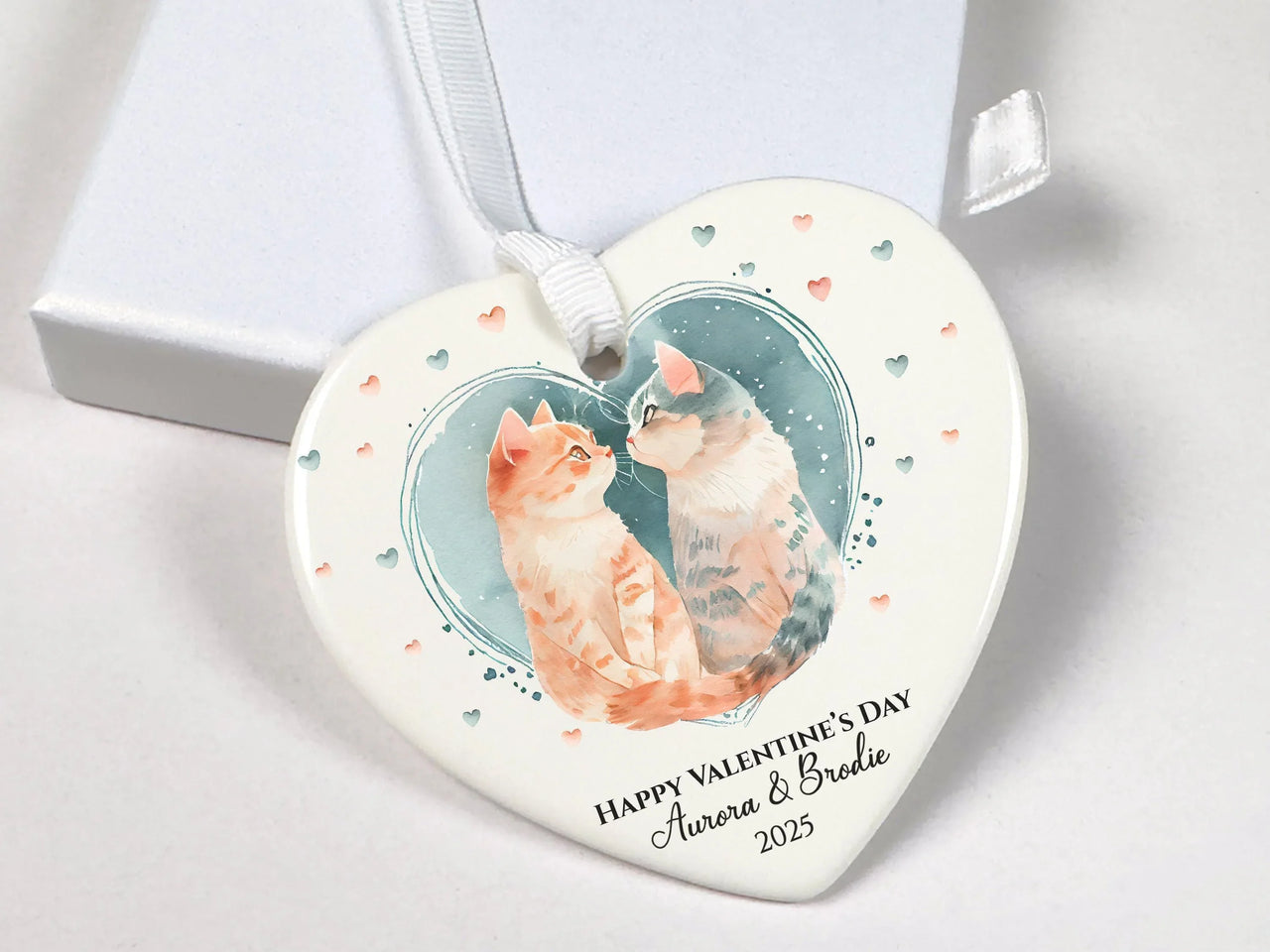 Valentine Cats Heart Ornament - Romantic Keepsake with Names for Cat Loving Couples