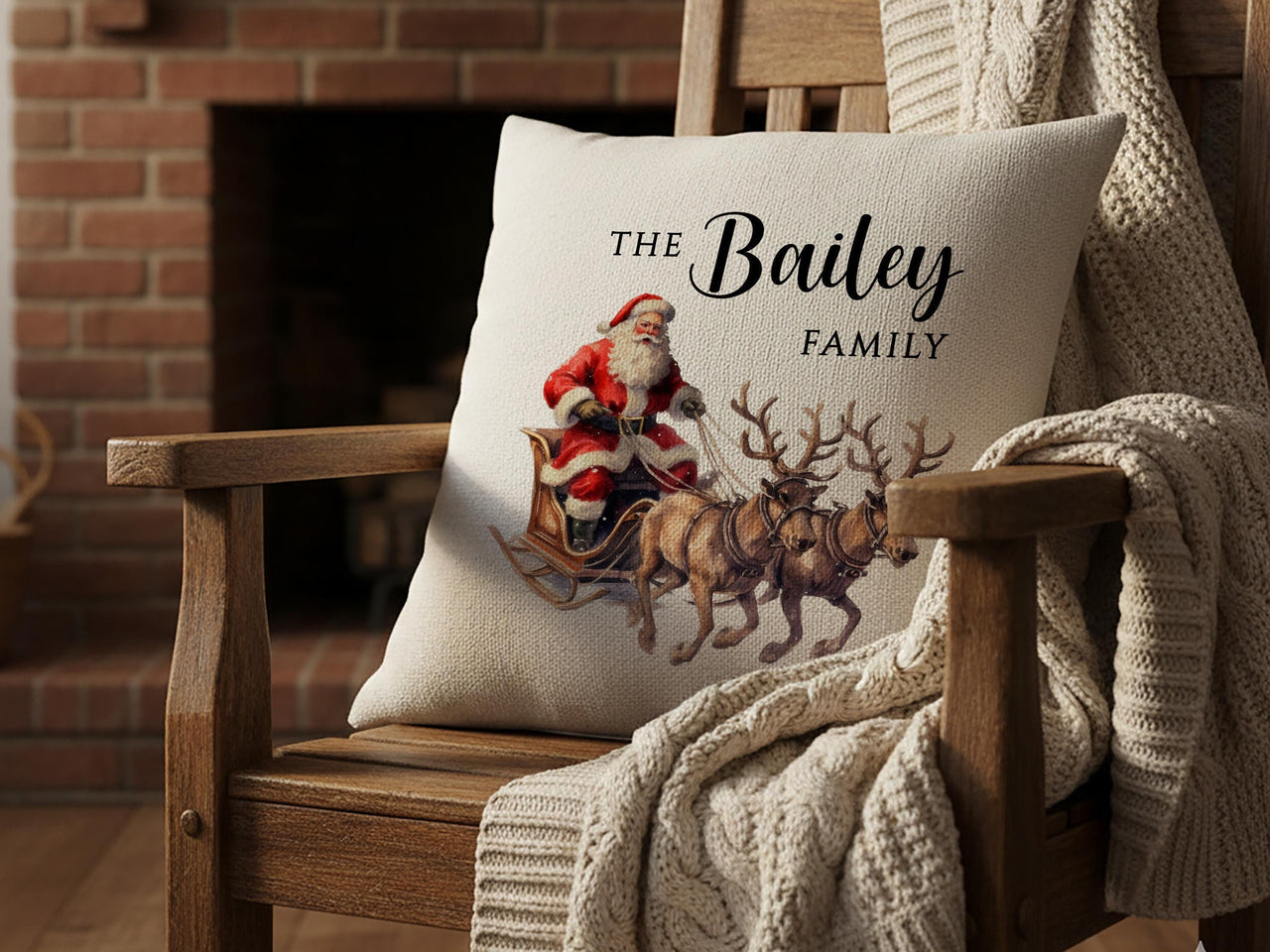 Personalised Family Christmas Cushion - Vintage Santa Sleigh with Family Name