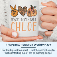 Peace Love Fall Personalised Name Mug – Boho Pumpkin, Peace Sign and Heart – Autumn Vibes Gift for Cosy Season Lovers