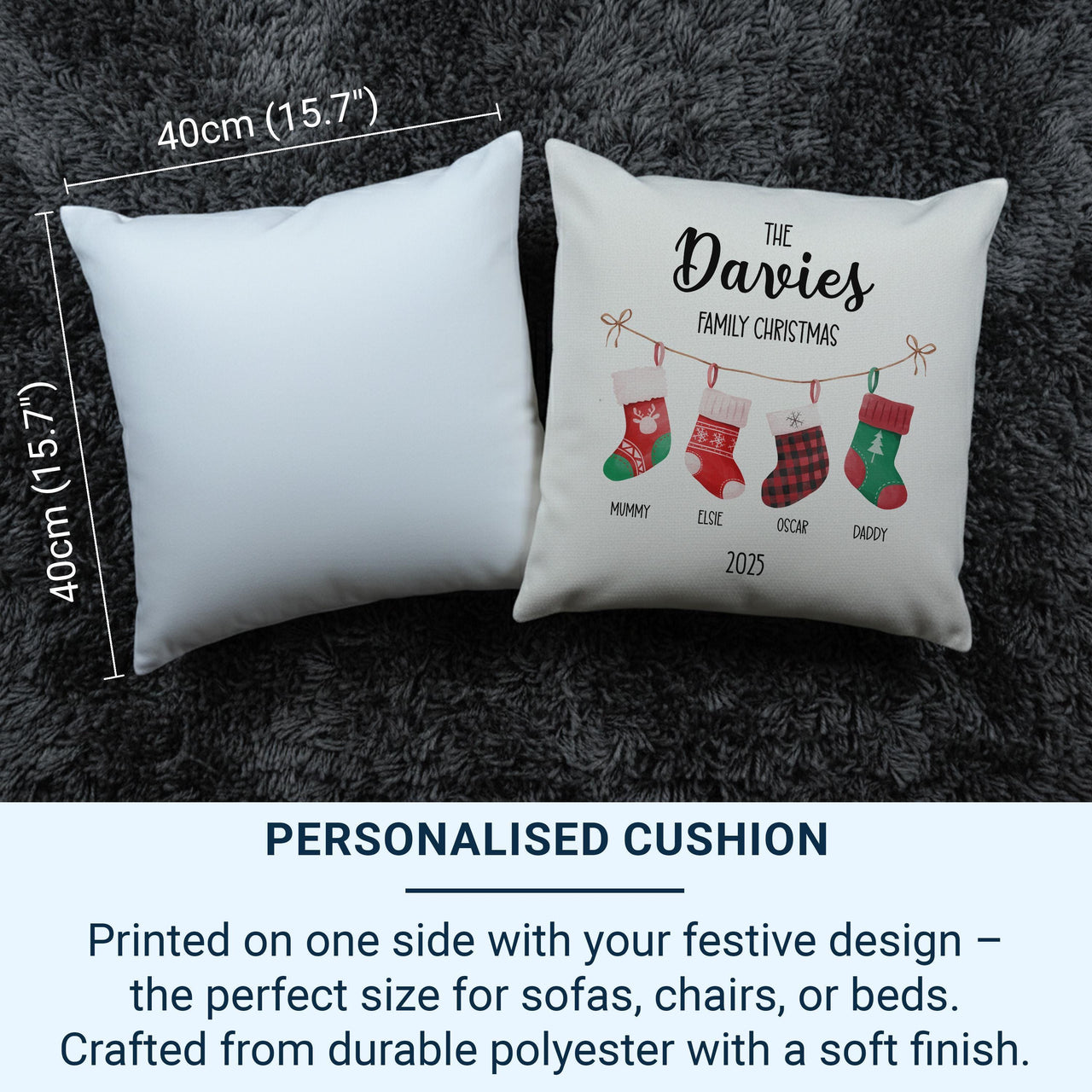Personalised Family Christmas Stockings Cushion - Festive Keepsake with Names & Year