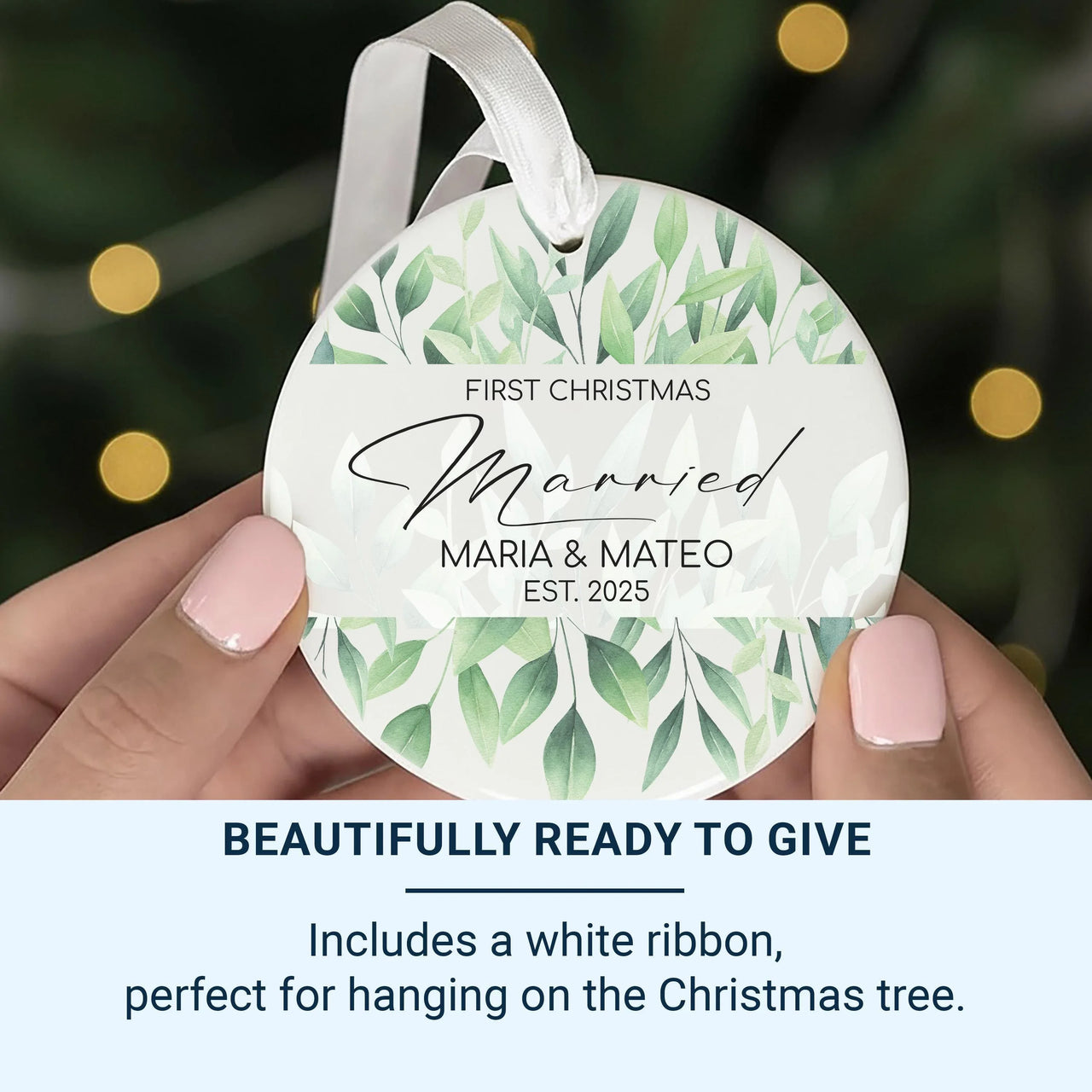 First Christmas Married Ornament - Leafy Keepsake with Names & Year for Newlyweds