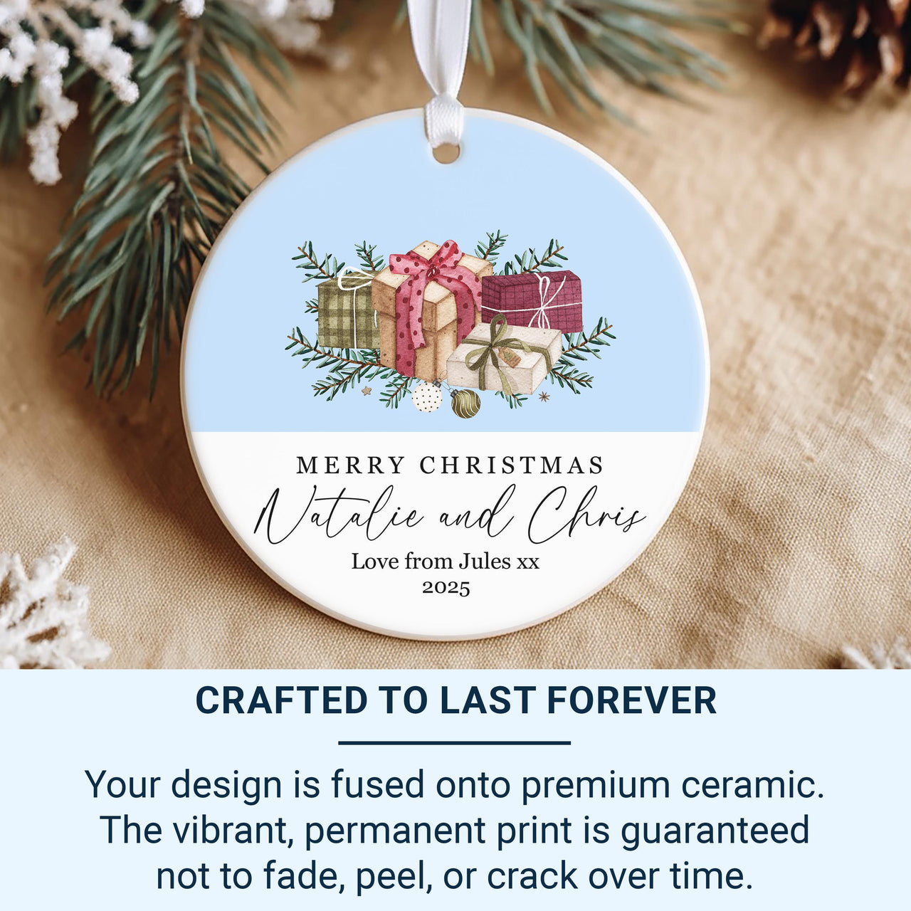 Personalised Christmas Ornament – Gift for Couple, Round Xmas Tree Decoration – Holiday Present from Parents or Friends
