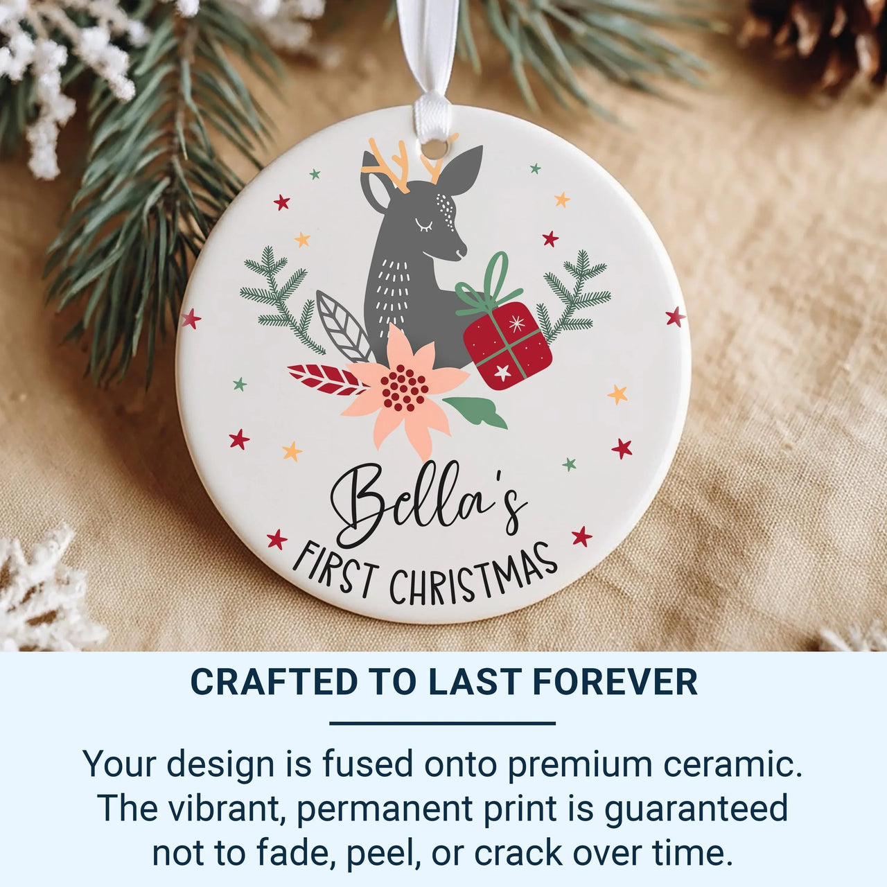 Baby First Christmas Ornament - Deer & Poinsettia Keepsake with Name