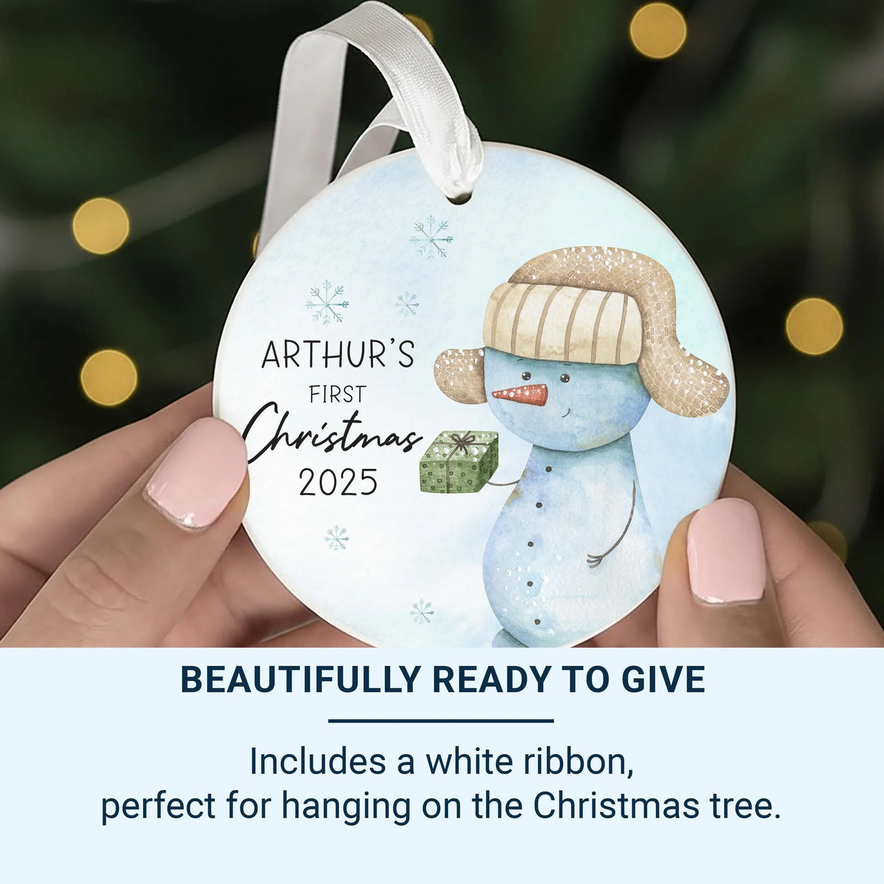 Snowman Baby Ornament - First Christmas Keepsake with Name and Year for Boys & Girls