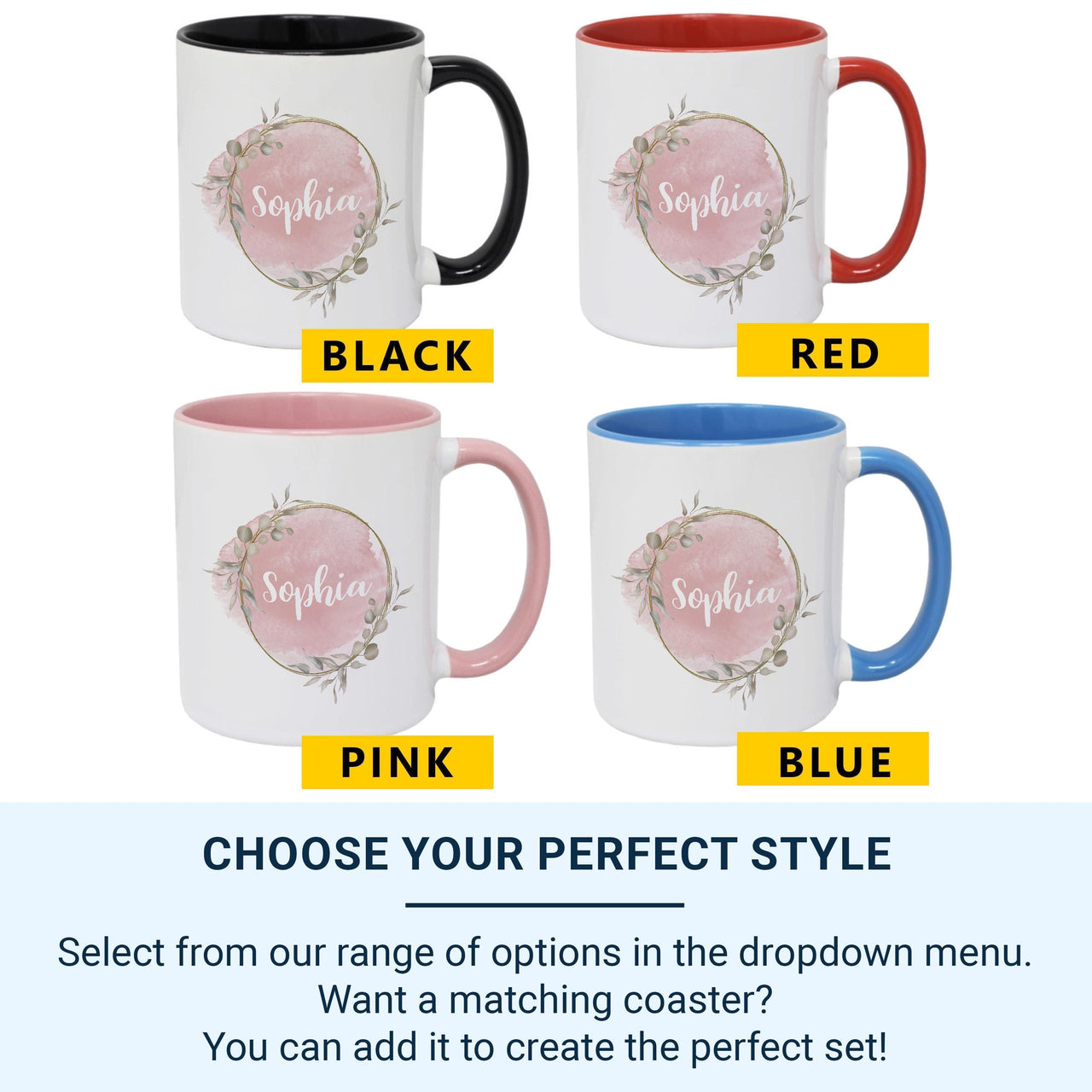 Personalised Name Mug – Pink Watercolour with Gold Wreath and Green Leaves – Elegant Gift for Her