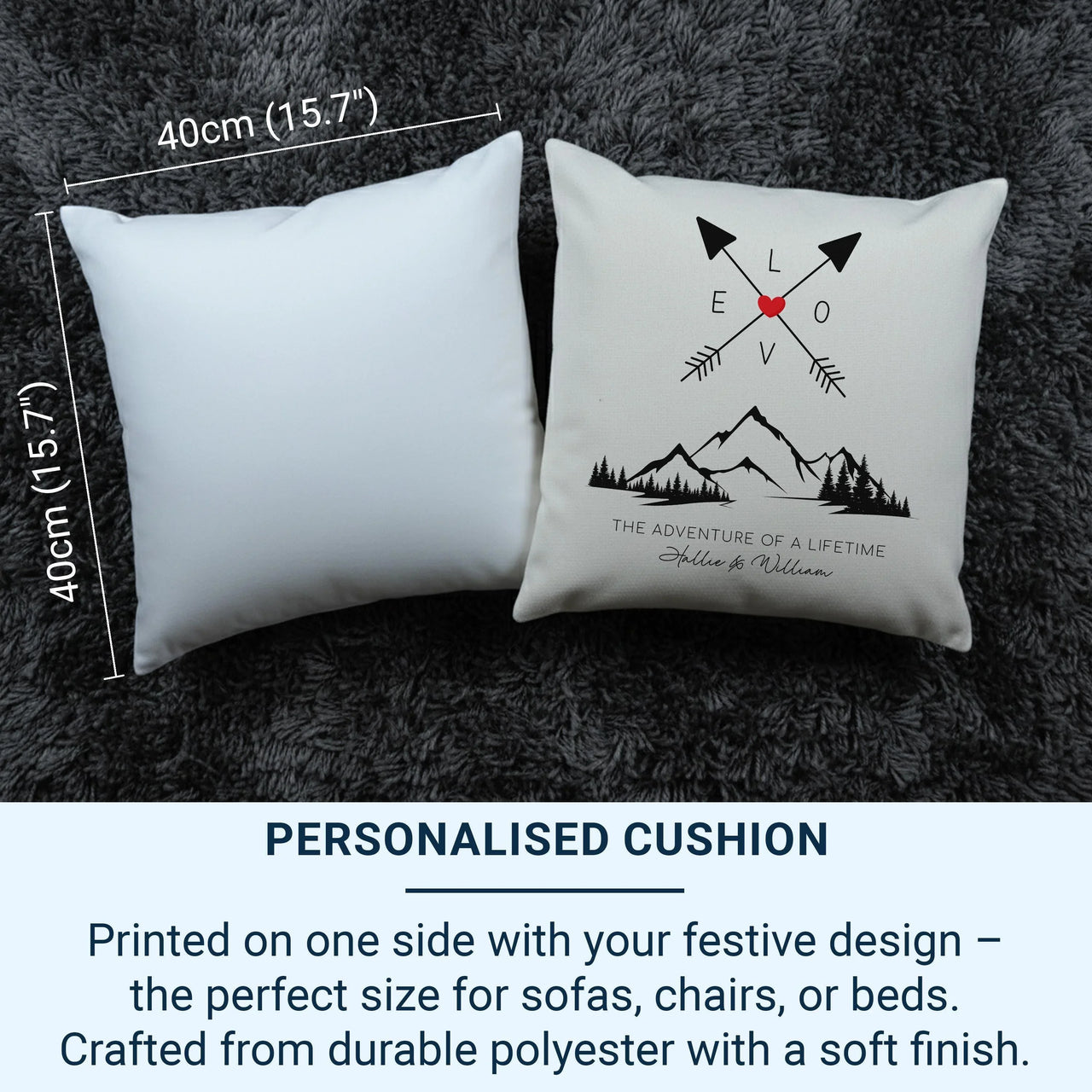 Personalised Adventure Cushion – Romantic Mountain Pillow With Custom Names & Arrows Design