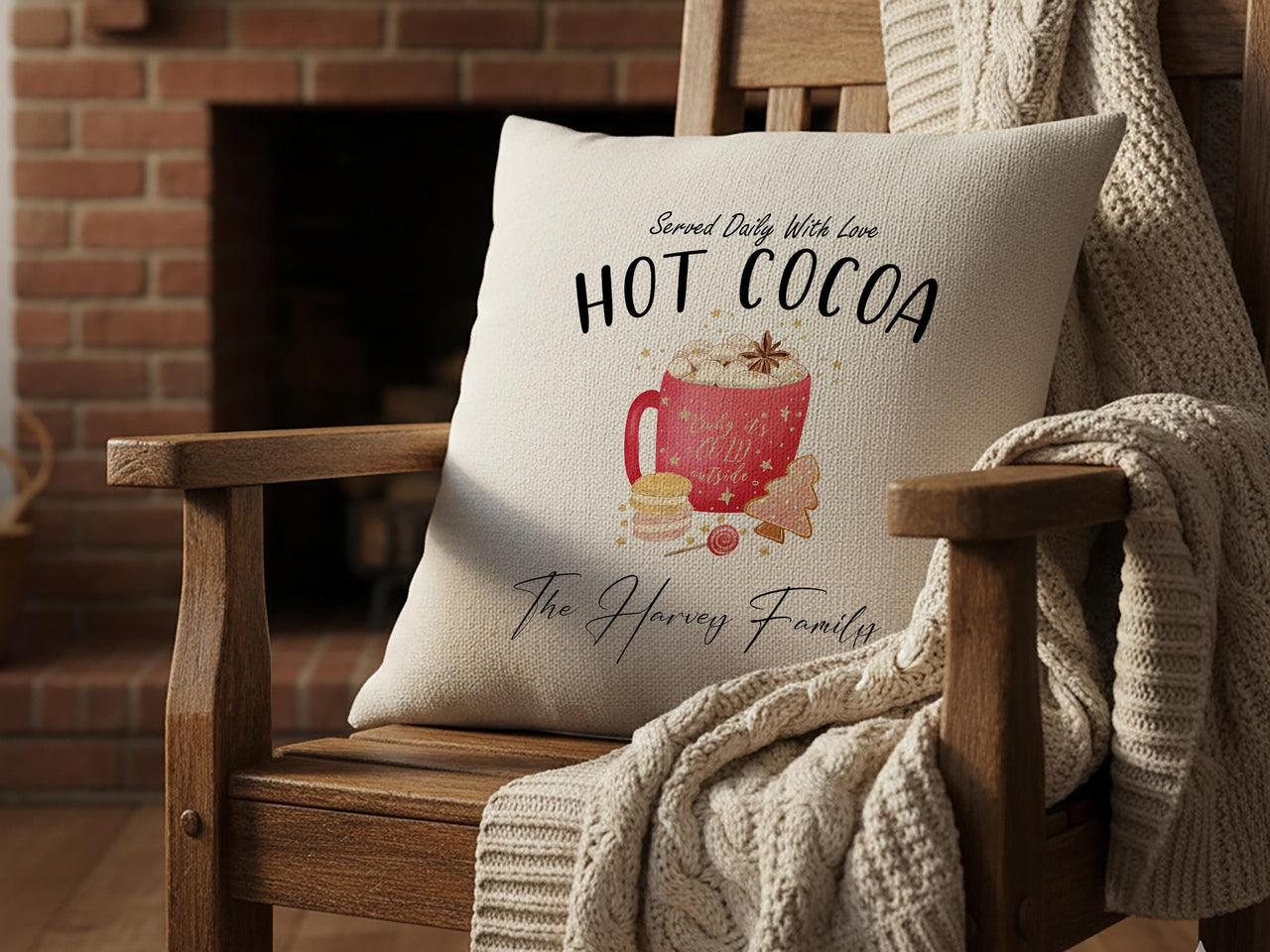 Personalised Hot Cocoa Cushion - Whimsical Christmas Keepsake with Family Name & Sweet Treats