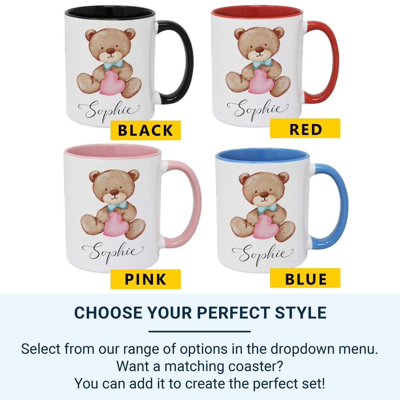 Personalised Baby Name Mug – Watercolour Teddy Bear with Heart and Script Name – New Mum, Baby Shower and Christening Gift