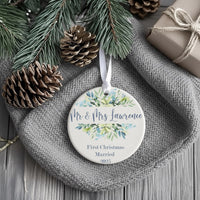 First Christmas Married Ornament - Leafy Wreath Keepsake for Newlywed Couples