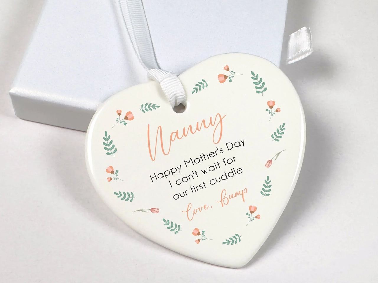 Nanny First Mother Day Ornament - Message from Bump Heart Keepsake with Floral Design
