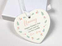 Nanny First Mother Day Ornament - Message from Bump Heart Keepsake with Floral Design