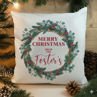 Personalised Family Christmas Cushion - Festive Wreath Keepsake with Your Family Name