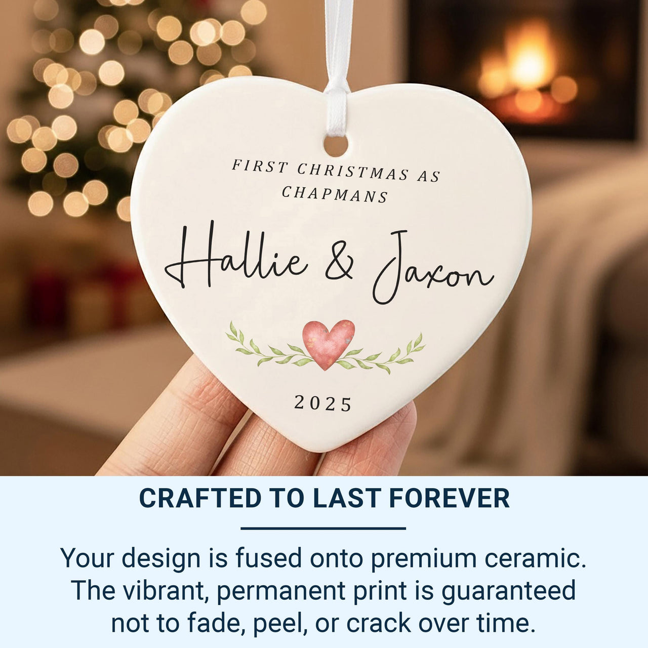 First Christmas Family Heart Ornament - Leafy Keepsake with Names & Year for Newlyweds