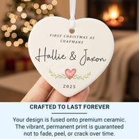 First Christmas Family Heart Ornament - Leafy Keepsake with Names & Year for Newlyweds