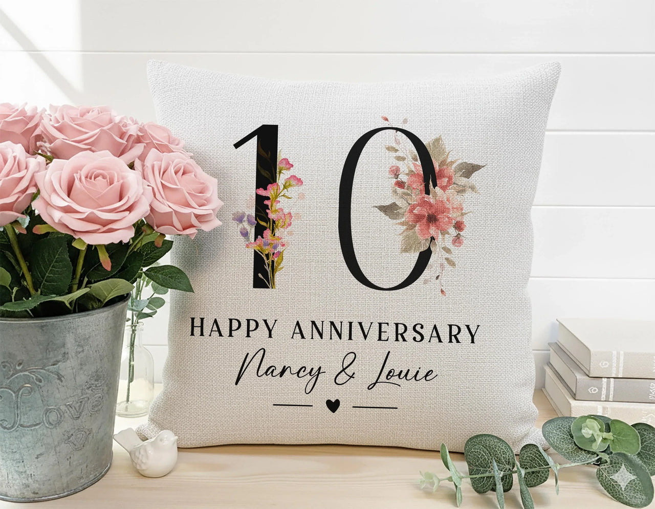Personalised Anniversary Cushion – Floral Number Cushion 10th Anniversary Gift