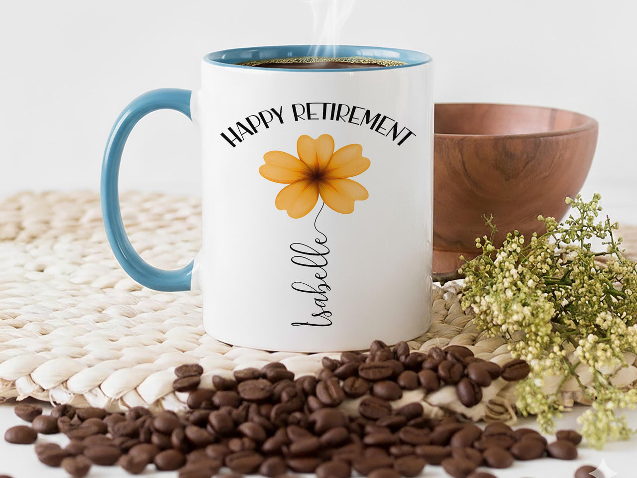 Happy Retirement Personalised Mug – Floral Name Design – Leaving Gift and New_Chapter Keepsake for Colleagues and Friends