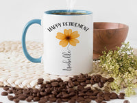 Happy Retirement Personalised Mug – Floral Name Design – Leaving Gift and New_Chapter Keepsake for Colleagues and Friends