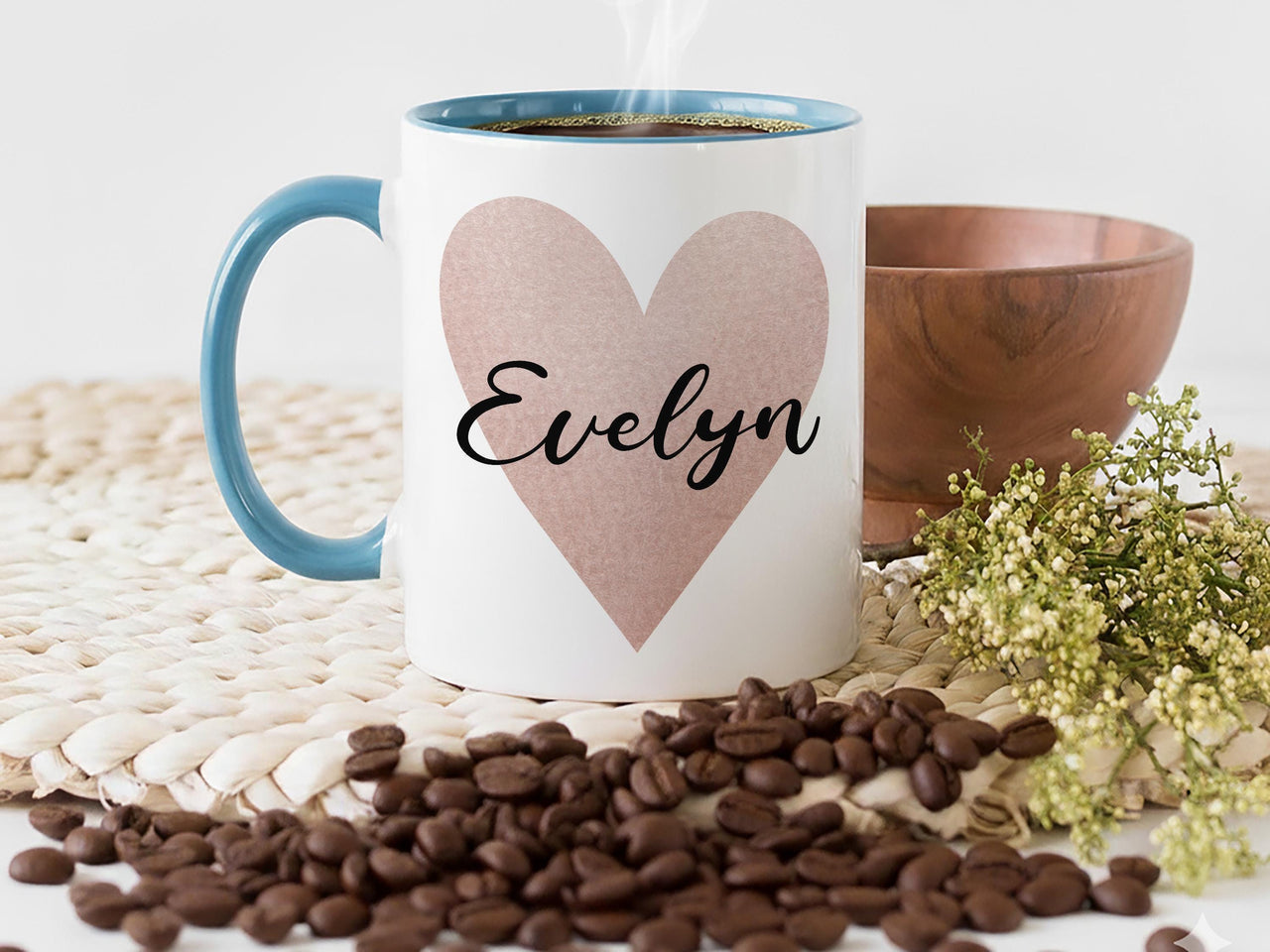 Personalised Name Mug – Pink Watercolour Heart with Elegant Script – Romantic Gift for Her and Valentine’s Day